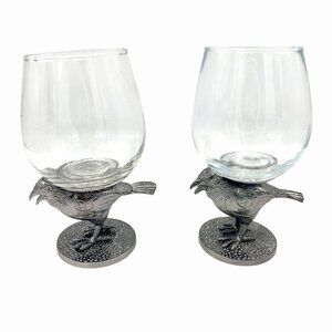 NWT 2 SET TEXTURED DK SILVER METAL RAVEN WINE GLASSES HALLOWEEN EDGAR ALLAN POE